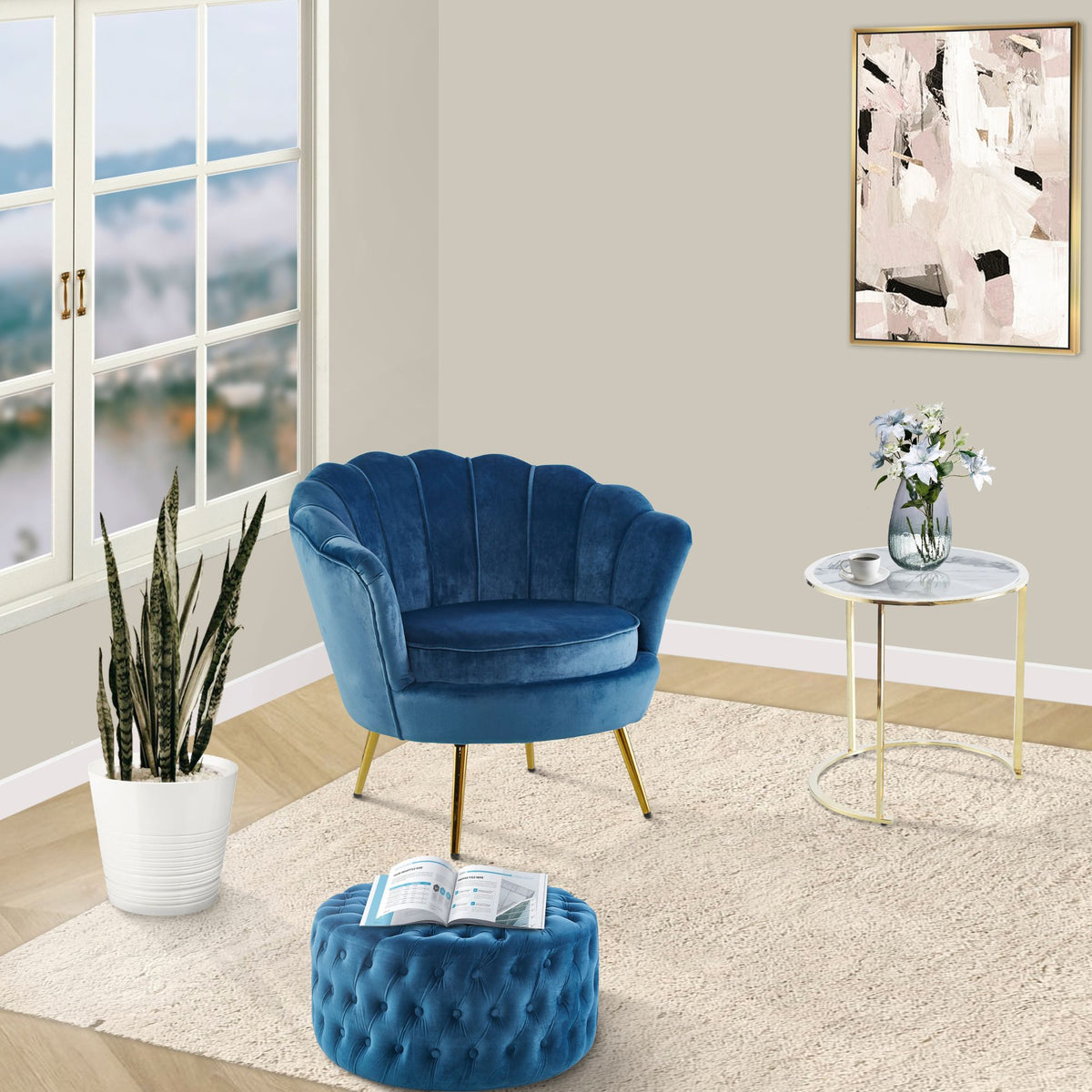 Uzona Tufted Velvet Fabric Round Ottoman Footstools - Blue - Notbrand