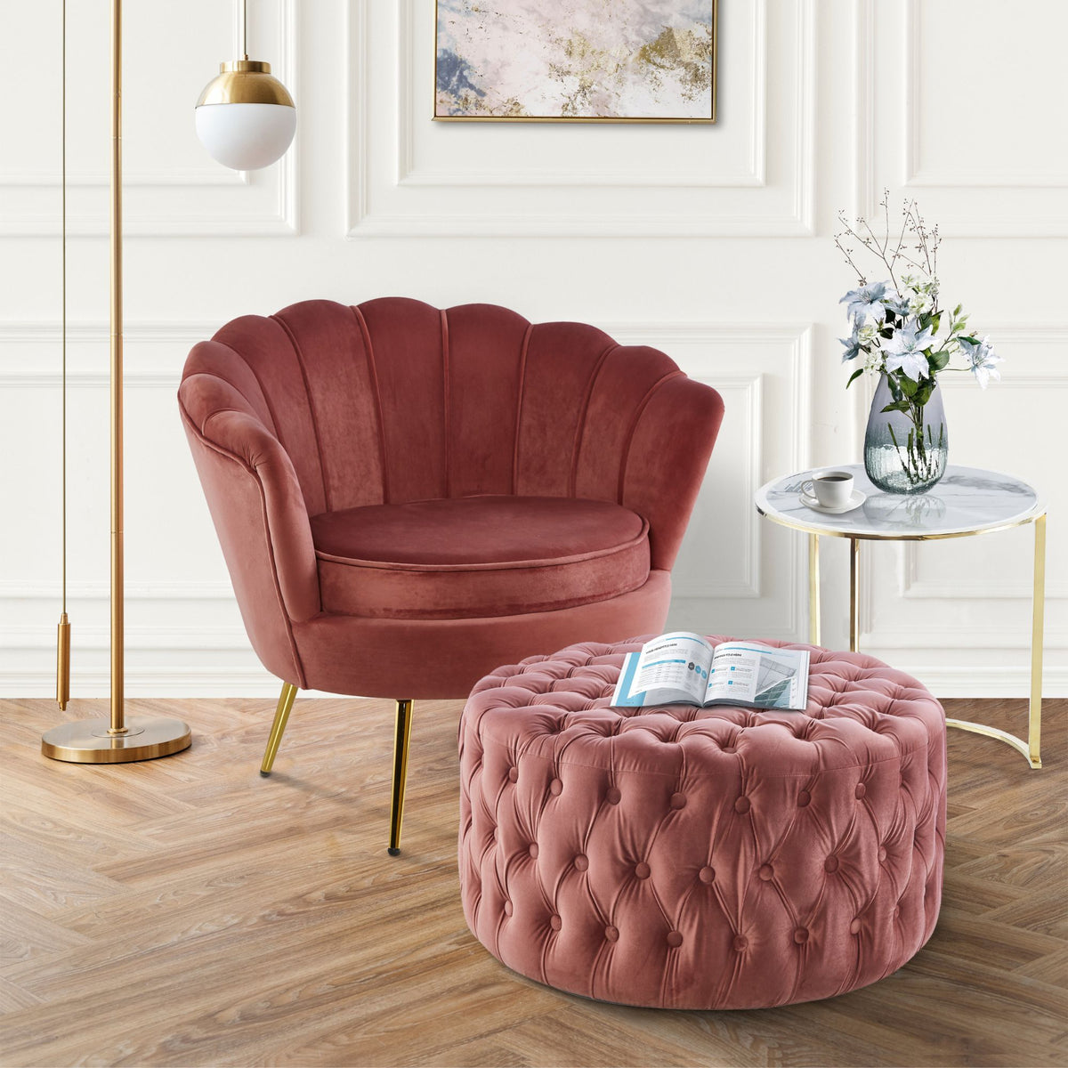 Uzona Tufted Velvet Fabric Round Ottoman Footstools - Rose Pink - Notbrand