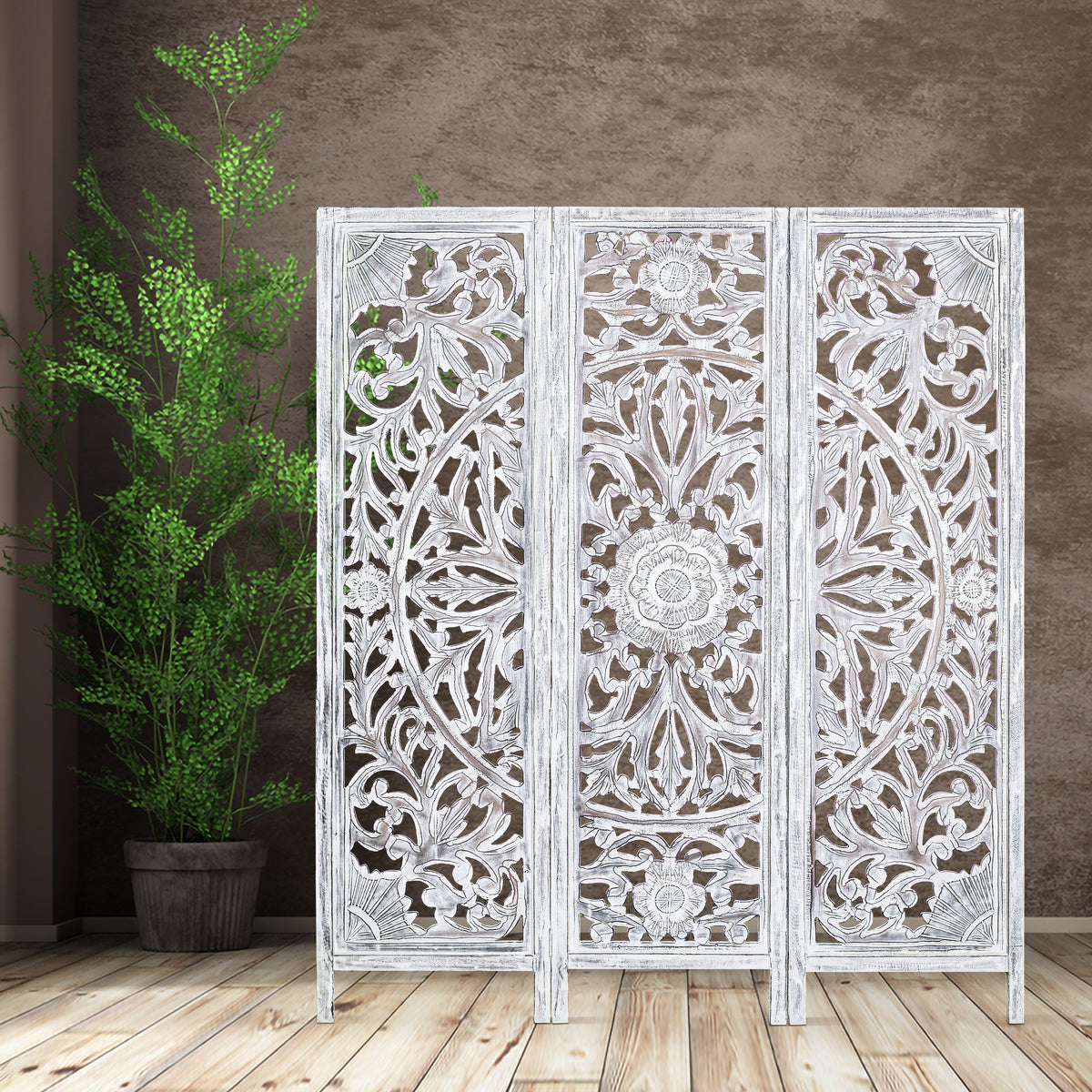 Iris 3 Panel Room Divider in Timber Wood - White - Notbrand