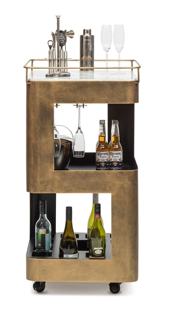 Contemporary Bar Cart Drinks Trolley with White Marble Top - French Brass - Notbrand