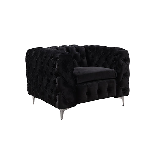 Voris Classic Button Tufted Lounge Sofa 3+2+1 Seater in Velvet Fabric with Metal Legs - Black - Notbrand