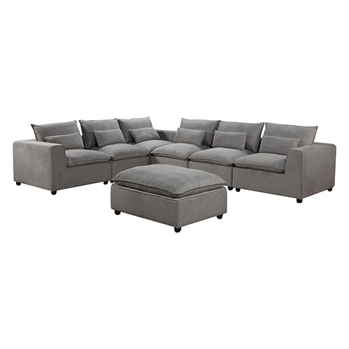 Ribux Cloud Sectional Sofa in Belfast Fabric 6 Seater with Ottoman - Grey - Notbrand