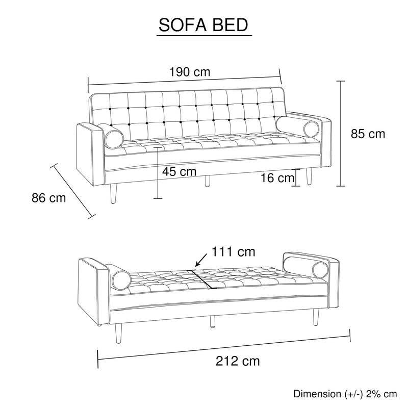 Orjee Button Tufted Sofa Bed 3 Seater in Velvet - Black - Notbrand