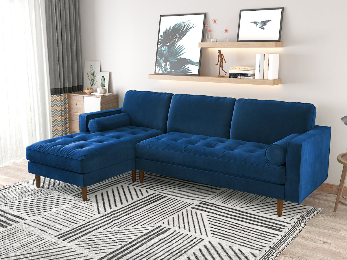 Uddar Velvet Upholstery Tufted Sofa 2 Seater with Chaise - Blue - Notbrand
