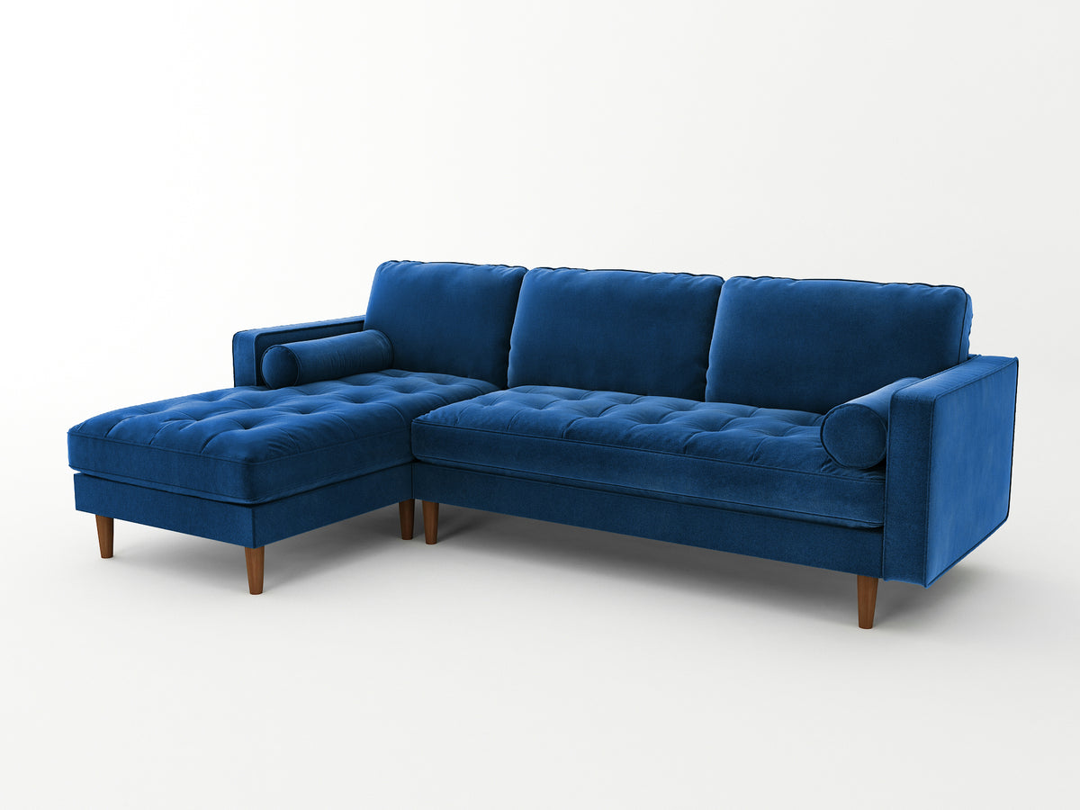 Uddar Velvet Upholstery Tufted Sofa 2 Seater with Chaise - Blue - Notbrand