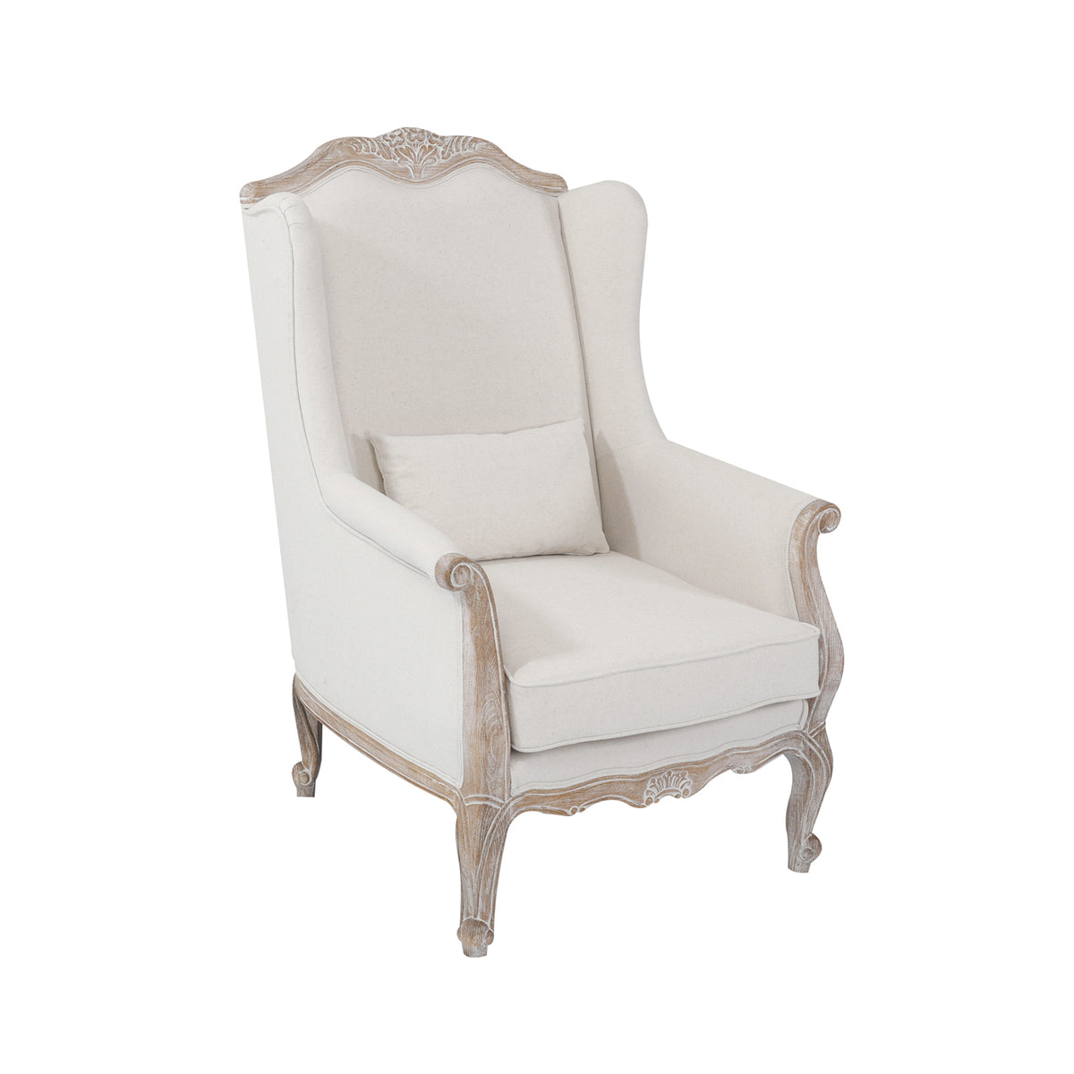 Wing Chair Linen Fabric Oak Wood White Washed Finish Rolled Armrest - Notbrand