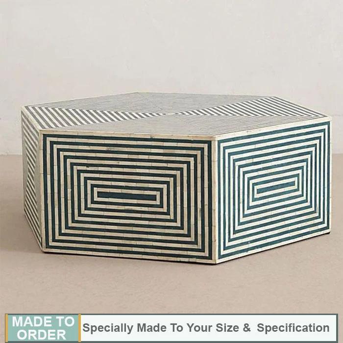 Valentina Bone Inlay Coffee Table Hexagonal Stripe Design Turquoise - Notbrand