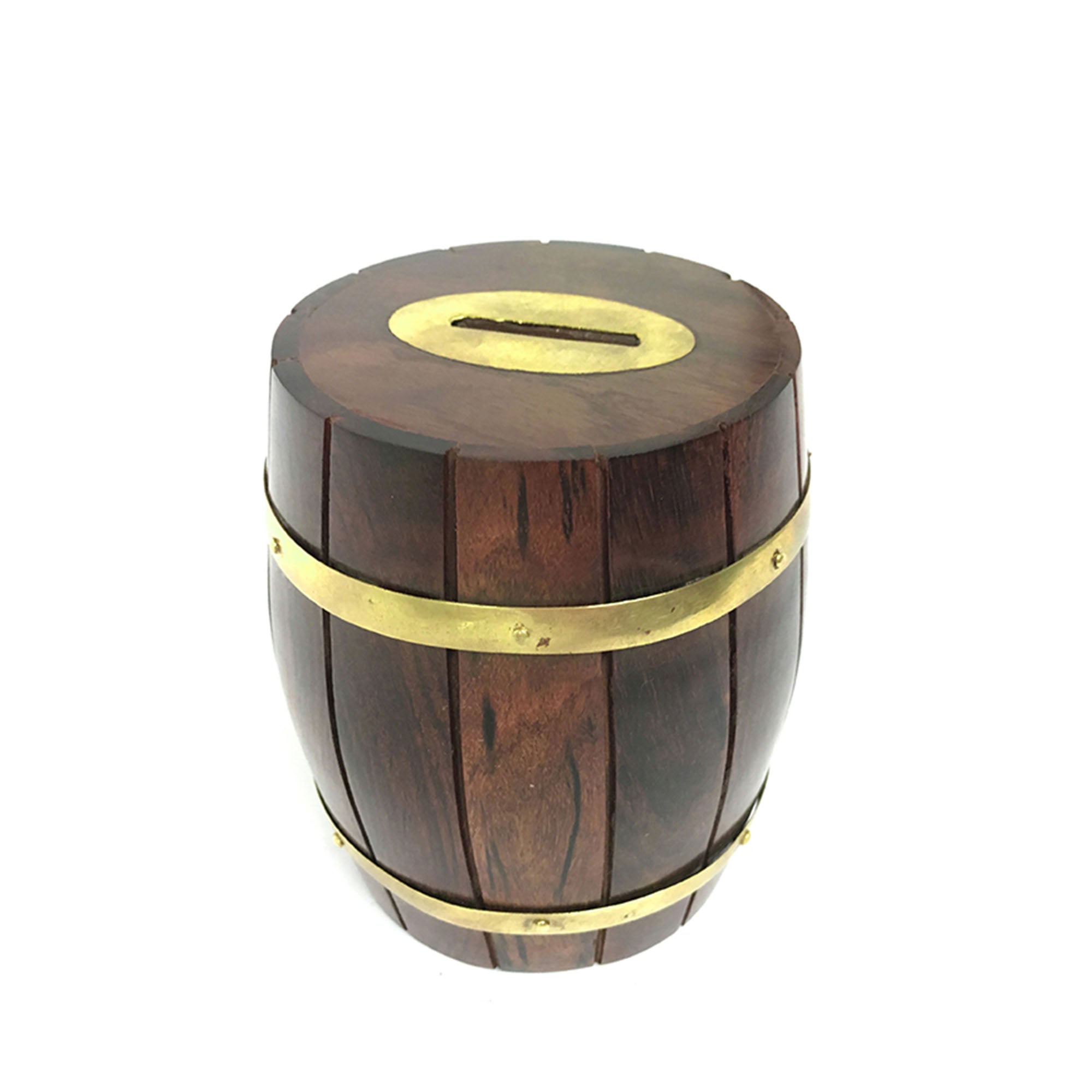 Wood & Brass Barrel Money Box - 120mm - Notbrand