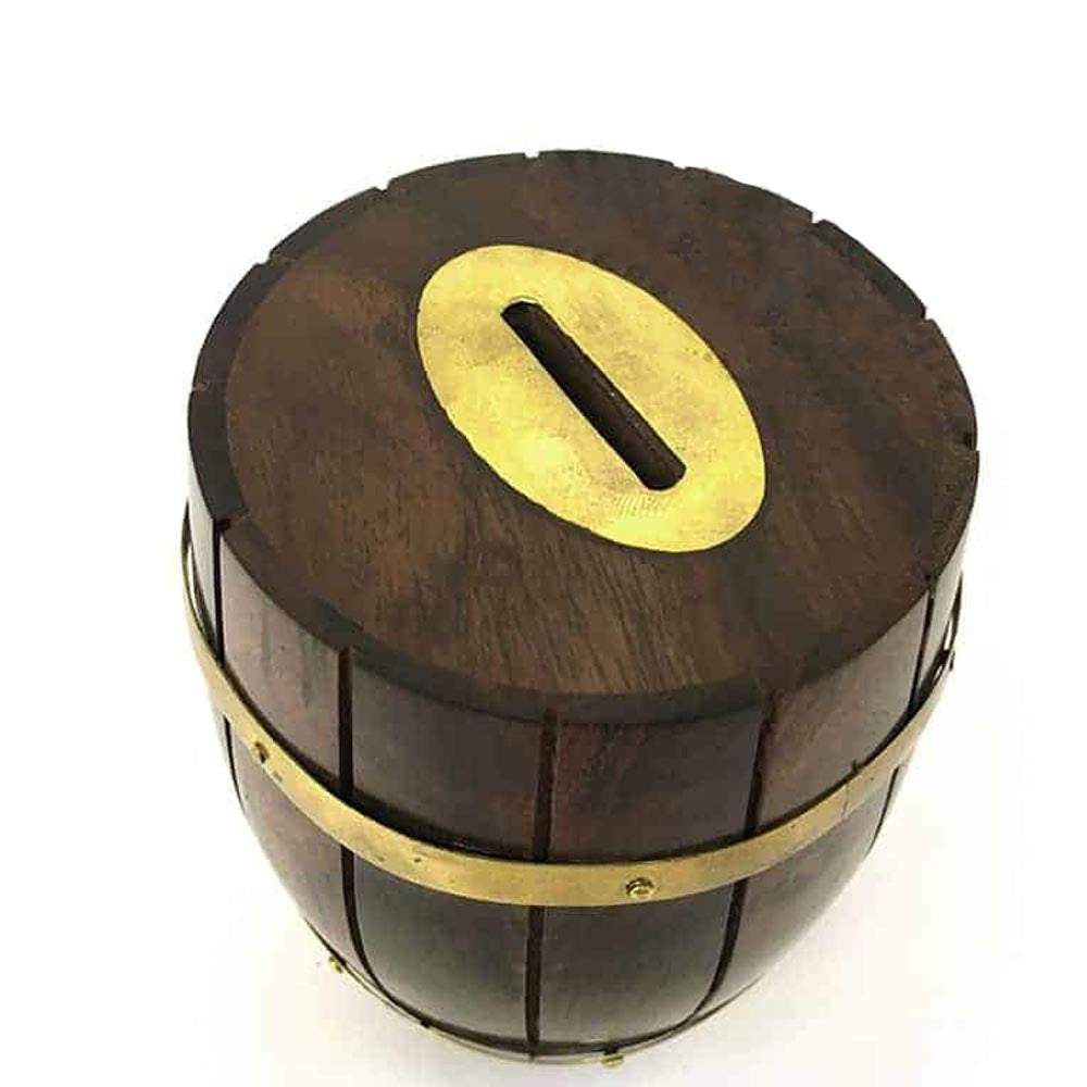 Wood & Brass Barrel Money Box 180mm - Notbrand