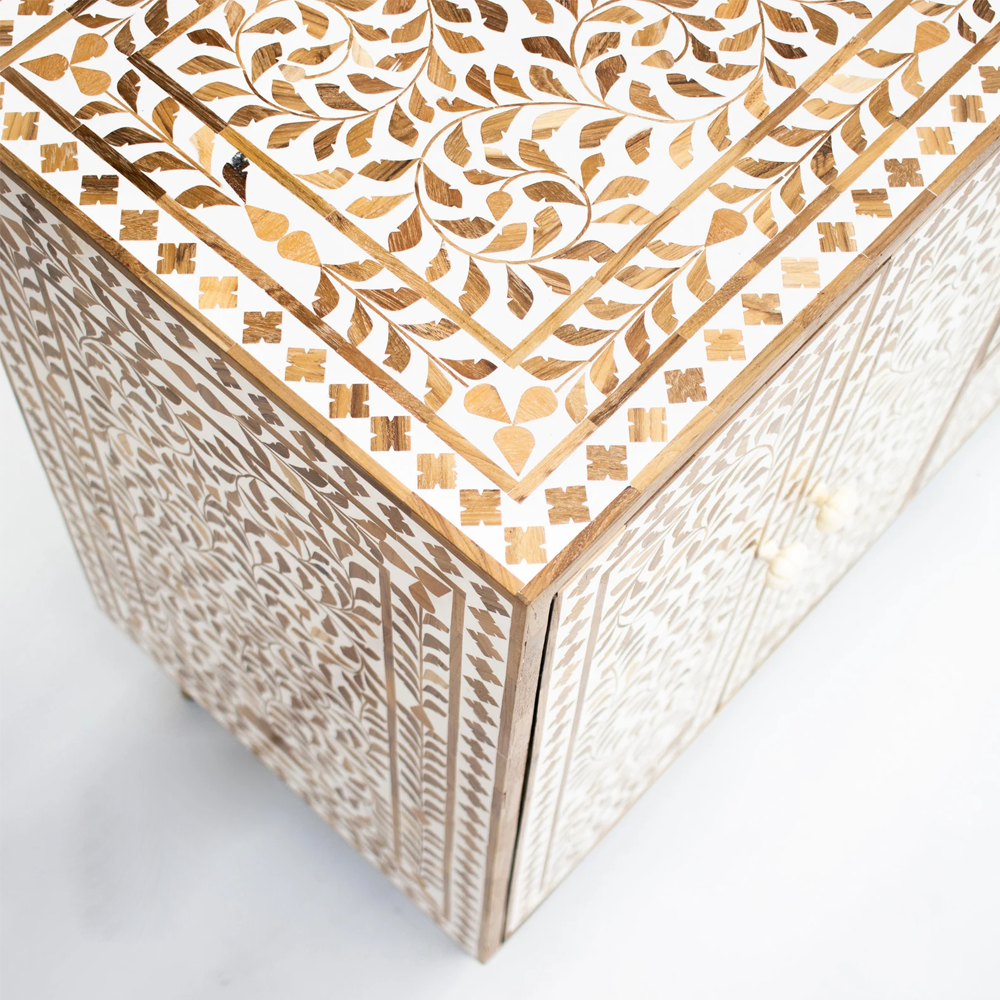 Zaman Teak Wood Inlay Floral Pattern Sideboard - White and Natural - Notbrand
