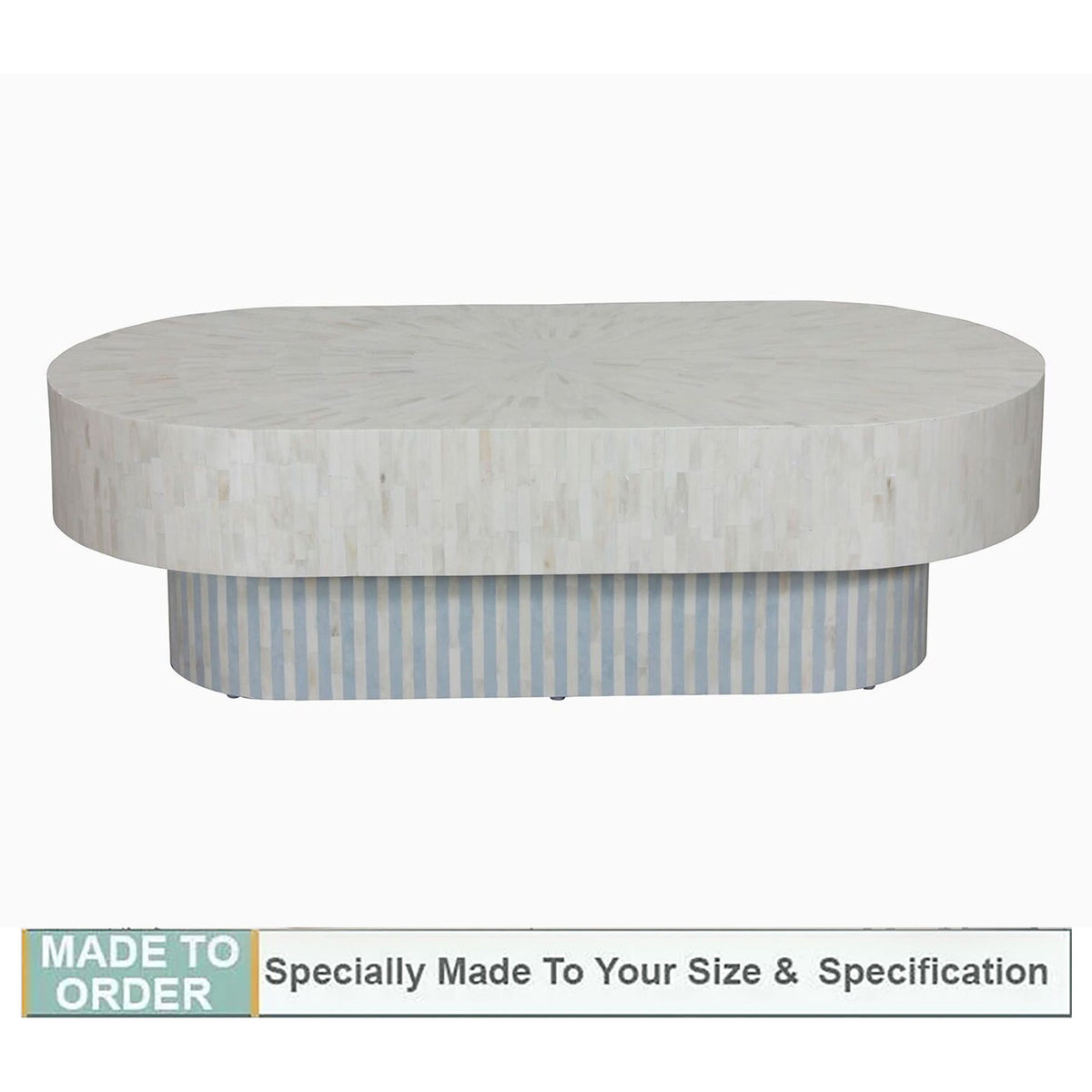Zeya Bone Inlay Stripe Design Oval Coffee Table - White & Blue - Notbrand