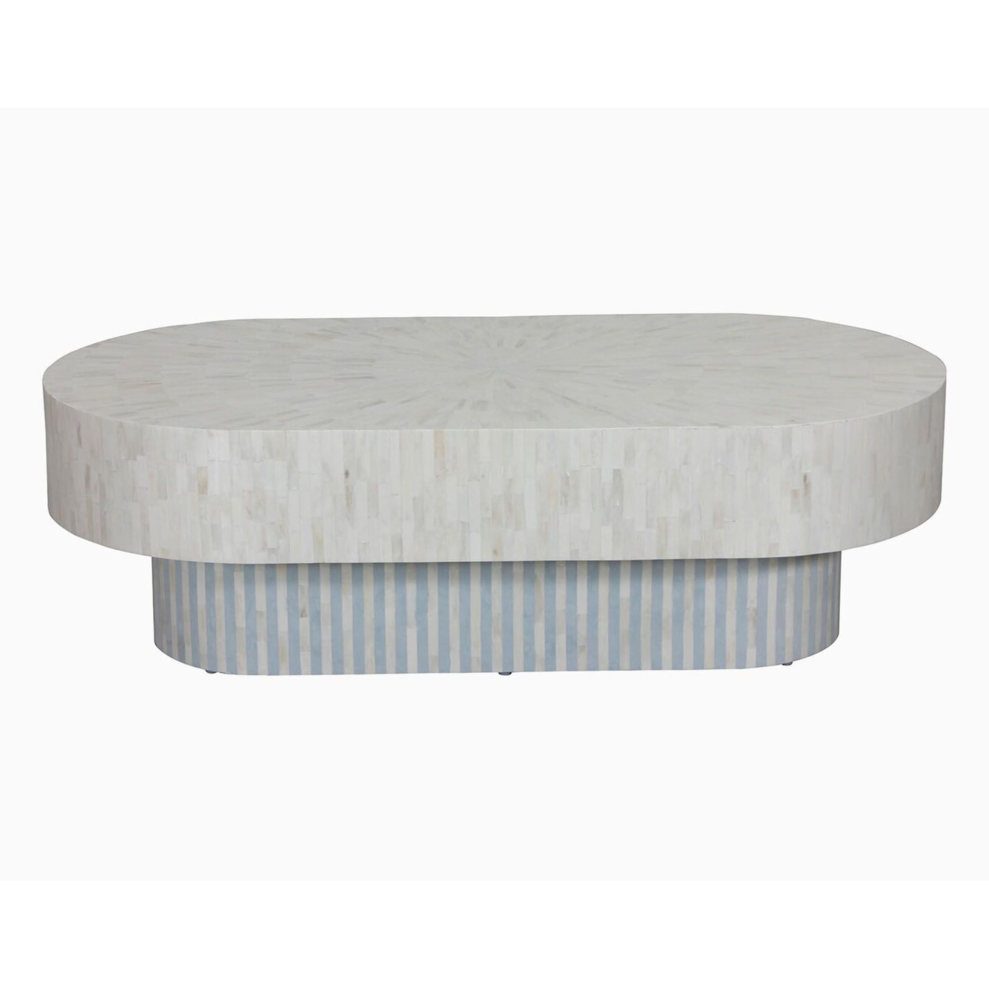 Zeya Bone Inlay Stripe Design Oval Coffee Table - White & Blue - Notbrand