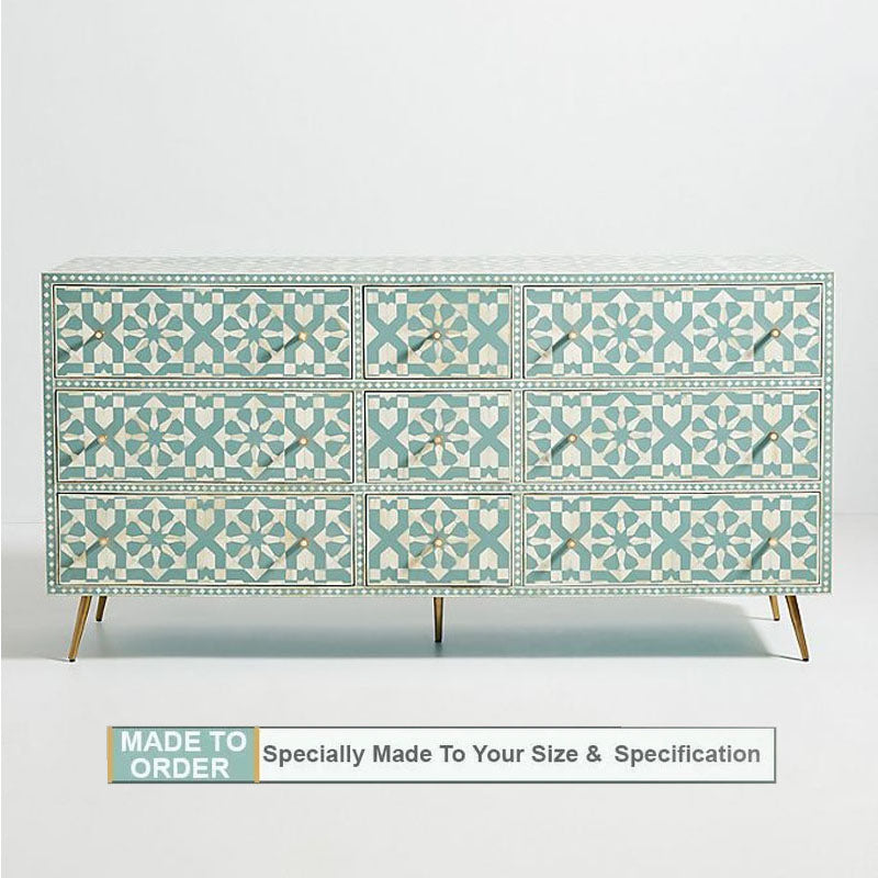 Moroccan Bone Inlay Chest of 9 Drawers Sideboard Light Green - Notbrand