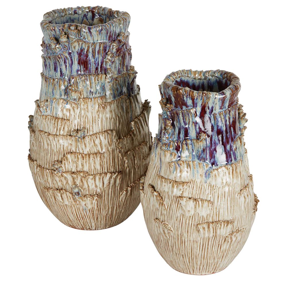 Chiselled Bark Ceramic Vase In Blue - Medium - Notbrand