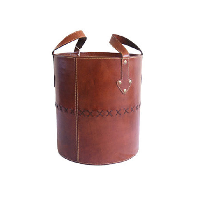 Chivalric Tan Leather Round Basket with Handles - Notbrand