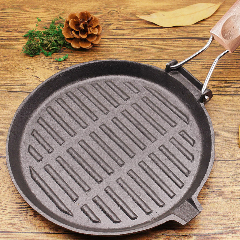 Round Ribbed Cast Iron Pan With Folding Wooden Handle - 24cm - Notbrand
