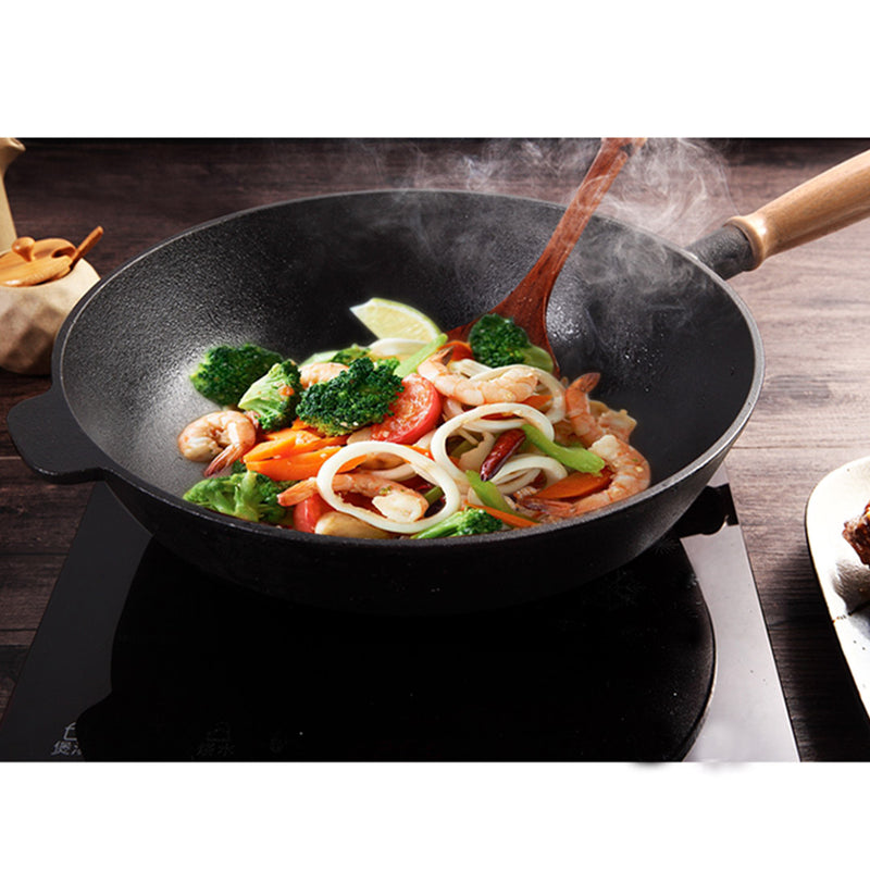 Cast Iron Wok Frypan With Wooden Lid -31cm - Notbrand