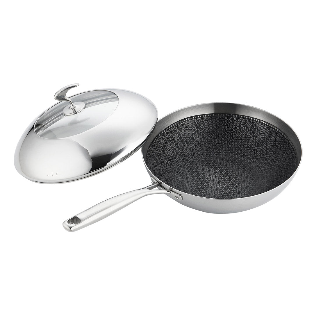 18/10 STAINLESS STEEL 30CM FRYING PAN NON STICK INTERIOR WITH LID - Notbrand