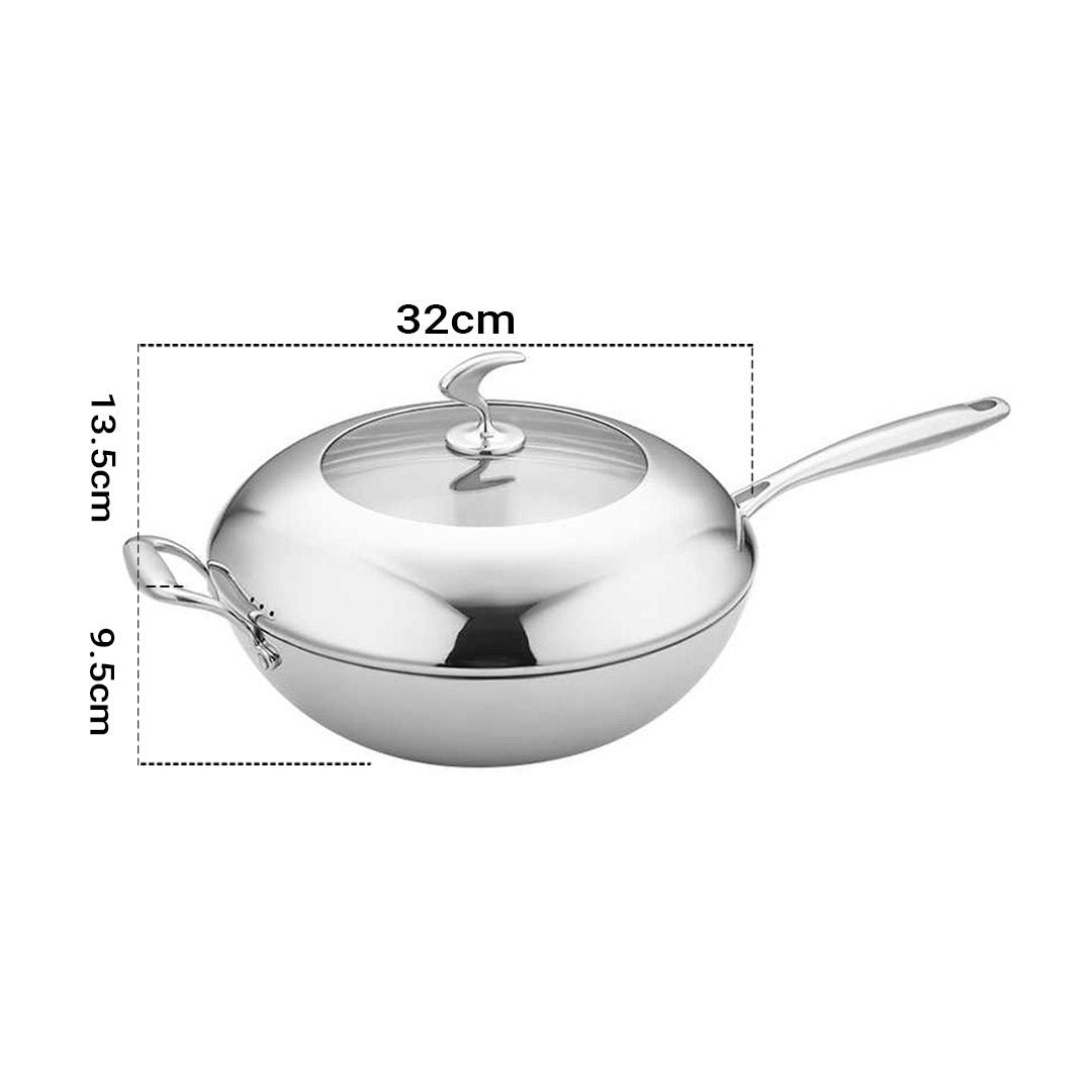18/10 STAINLESS STEEL 32CM FRYING PAN NON STICK INTERIOR WITH HELPER HANDLE AND LID - Notbrand