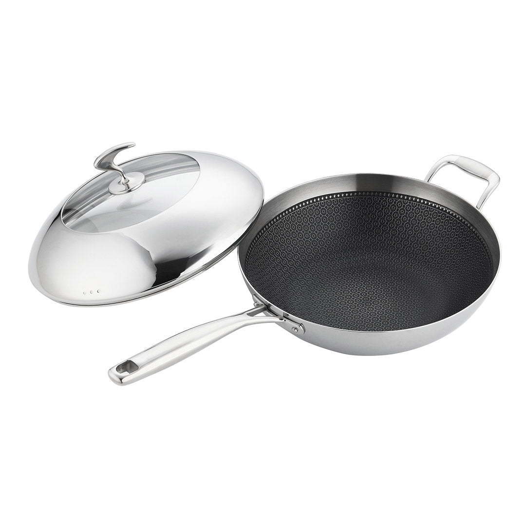 18/10 STAINLESS STEEL 32CM FRYING PAN NON STICK INTERIOR WITH HELPER HANDLE AND LID - Notbrand