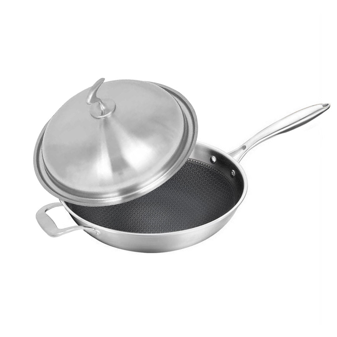18/10 STAINLESS STEEL 34CM FRYING PAN TEXTURED NON STICK INTERIOR WITH HELPER HANDLE AND LID - Notbrand