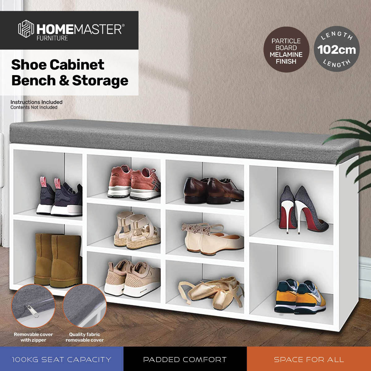 Home Master 2-In-1 Storage & Shoe Cabinet With Padded Cushion Bench - 102cm - Notbrand