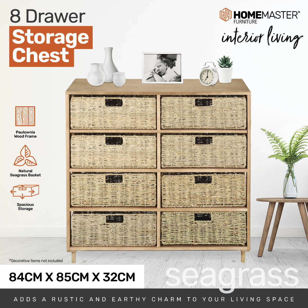Home Master 8 Drawer Natural Seagrass Wooden Storage Chest - 85cm - Notbrand