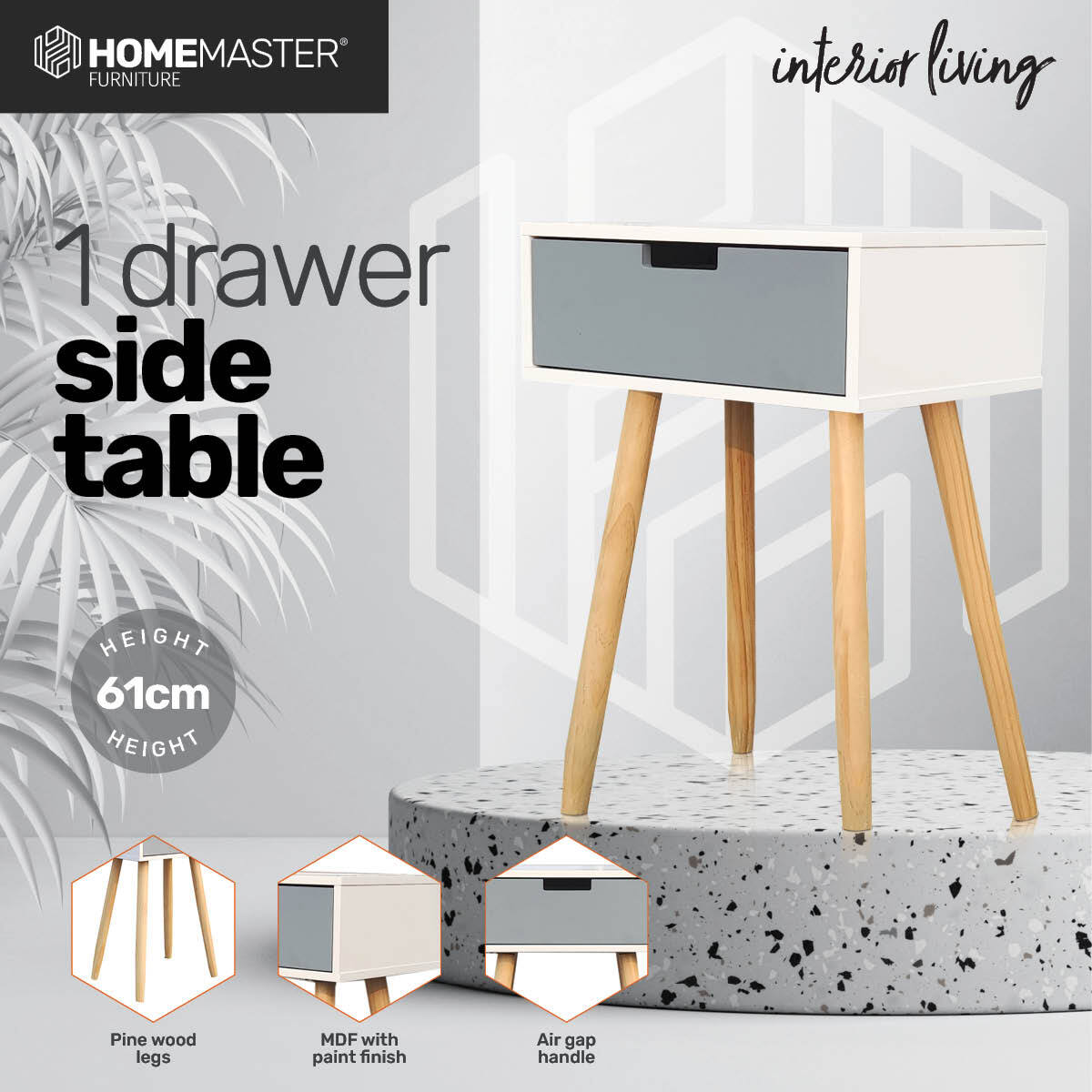 Home Master 1 Drawer Neutral Design Side Table in White & Grey - 61cm - Notbrand