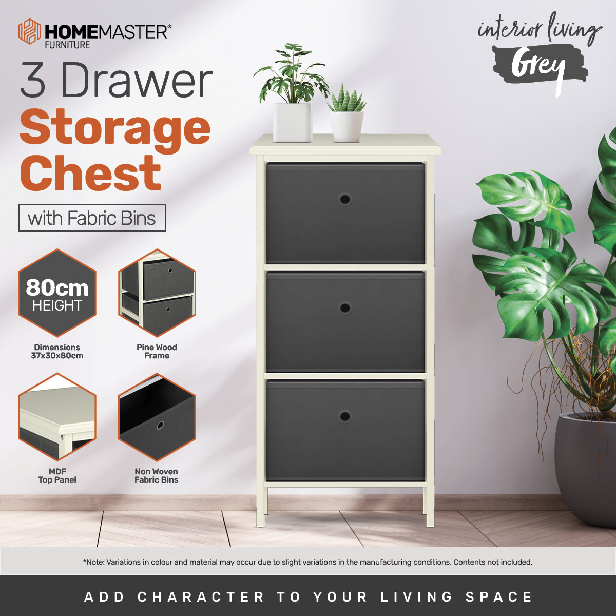 Home Master 3 Drawer Pine Wood Storage Chest - Grey - Notbrand