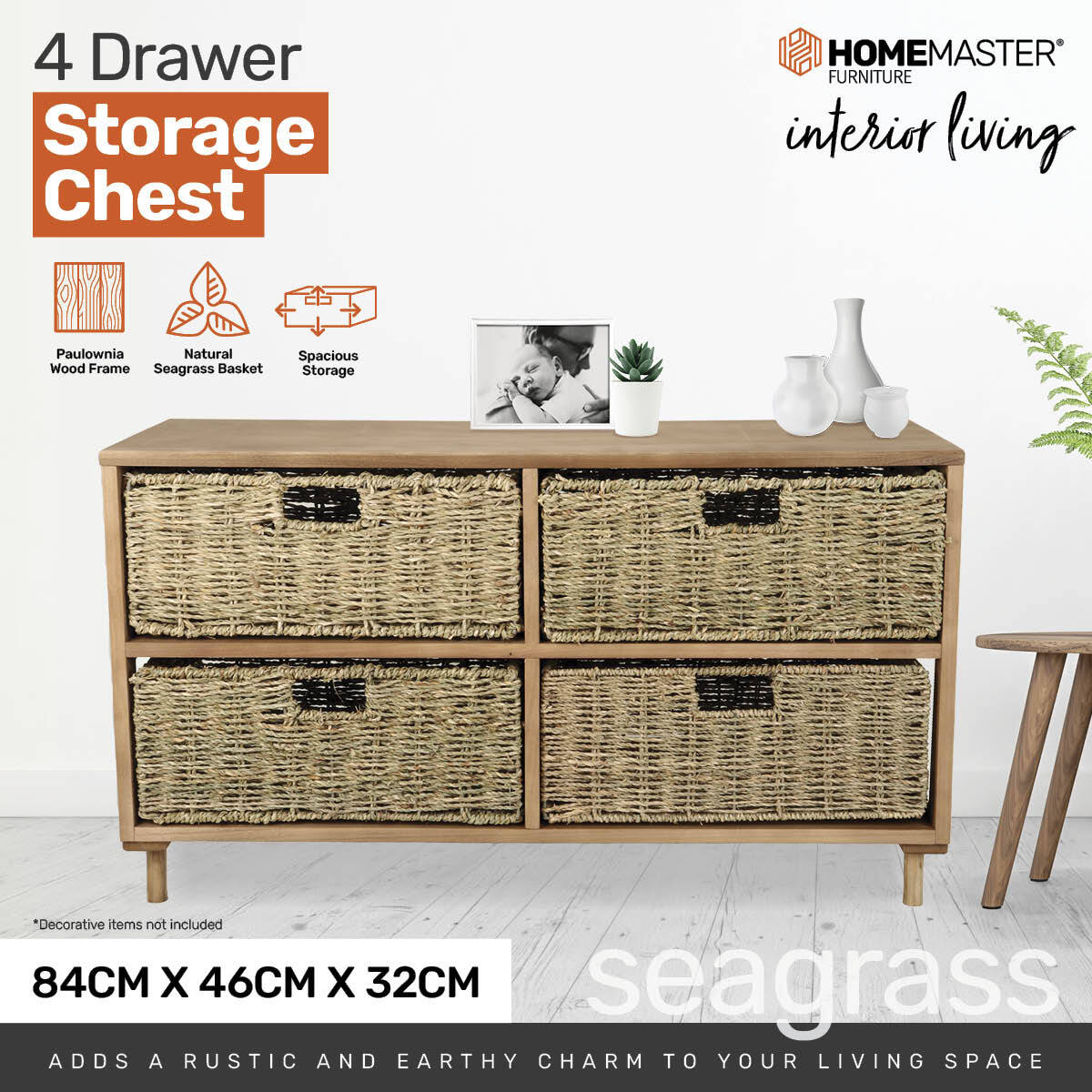 Home Master 4 Drawer Natural Seagrass Wooden Storage Chest - 46cm - Notbrand