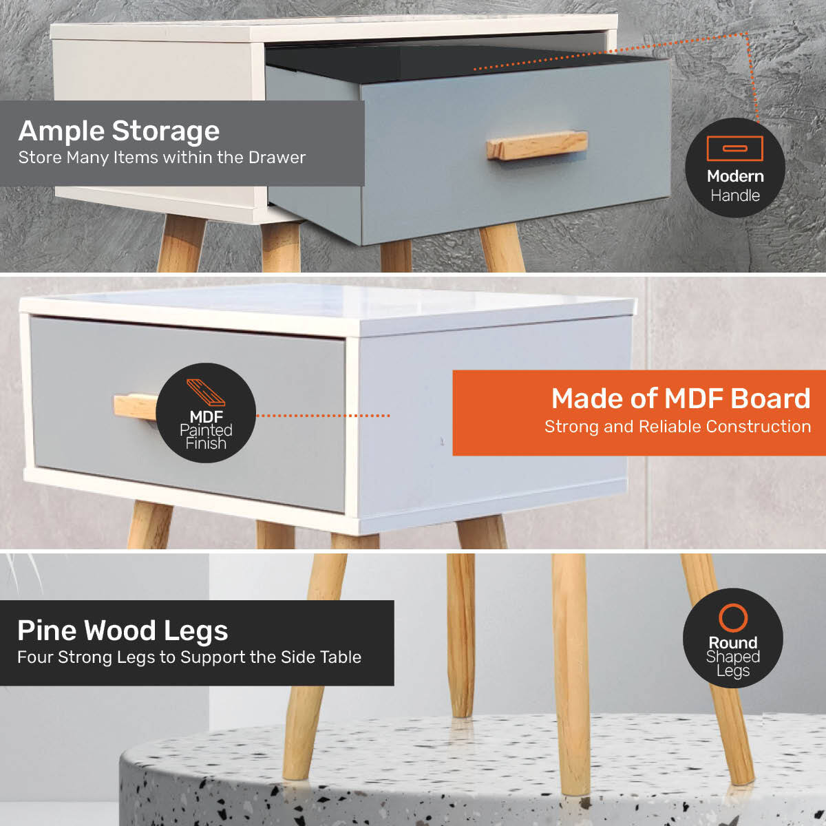 Home Master 1 Drawer Sleek Neutral Design Side Table in White & Grey - 61cm - Notbrand